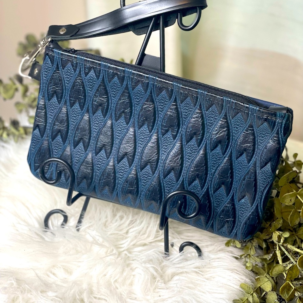 Leather Navy Print Large Wristlet with Zipper Closure - 10" W X 6 1/5"